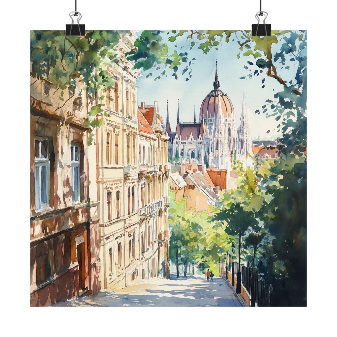 Budapest Painting Hungary Streetscape Art Print European Watercolor Hungarian Parliament Europe Travel Poster Gift