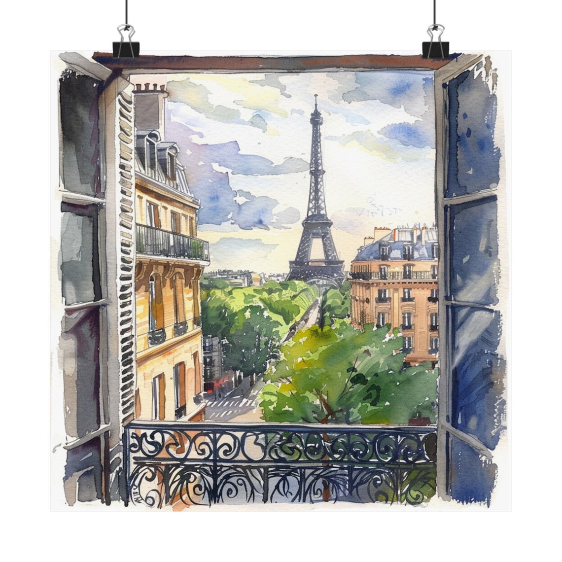 Eiffel Tower From a Parisian Balcony Window Watercolor Poster