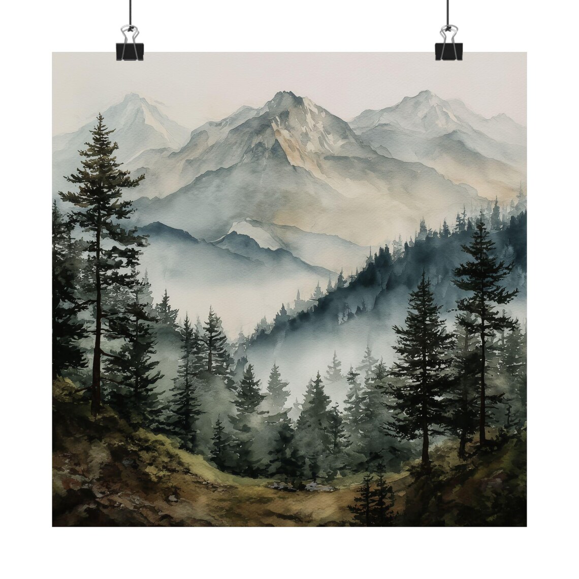 Misty Mountain Pine Forest Foggy Watercolor Landscape Poster Serene Nature Art