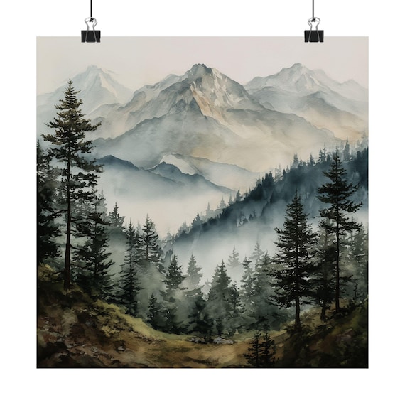 Misty Mountain Pine Forest Foggy Watercolor Landscape Poster Serene Nature Art