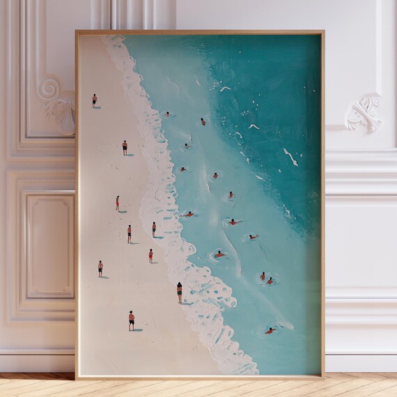 Turquoise Shoreline Aerial View With Tiny Swimmers Beach Poster