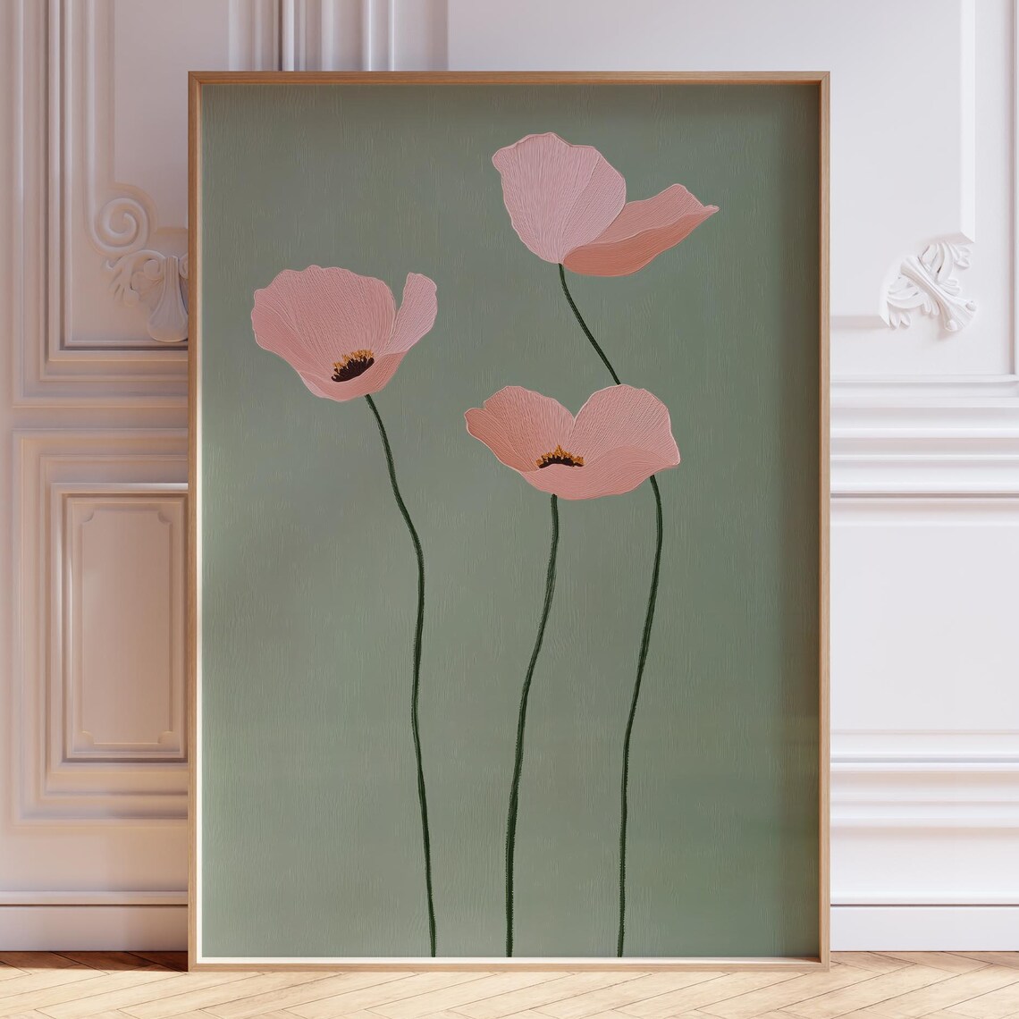 Blush Pink Poppies Tall Stems Sage Green Minimalist Floral Art Poster