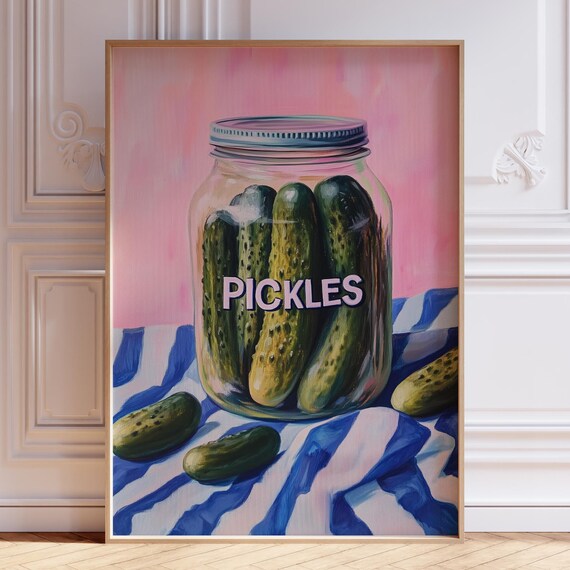 Pickle Jar Pink Background Retro Watercolor Kitchen Food Poster