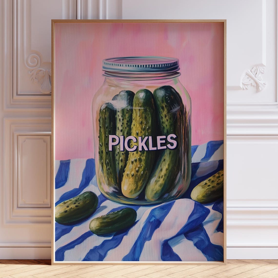 Pickle Jar Pink Background Retro Watercolor Kitchen Food Poster