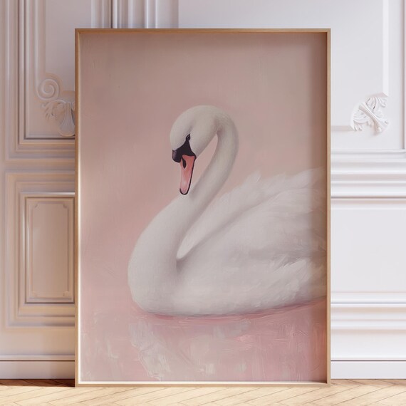 Graceful White Swan Floating on a Soft Blush Pink Background Wall Art
