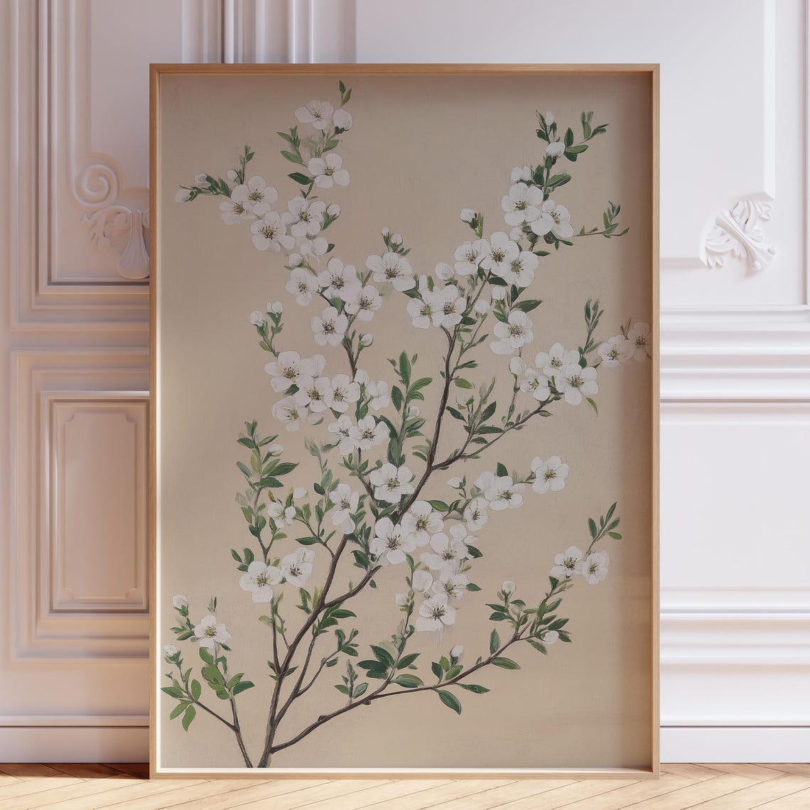 White Blossom Branches On Beige Minimalist Botanical Art Poster