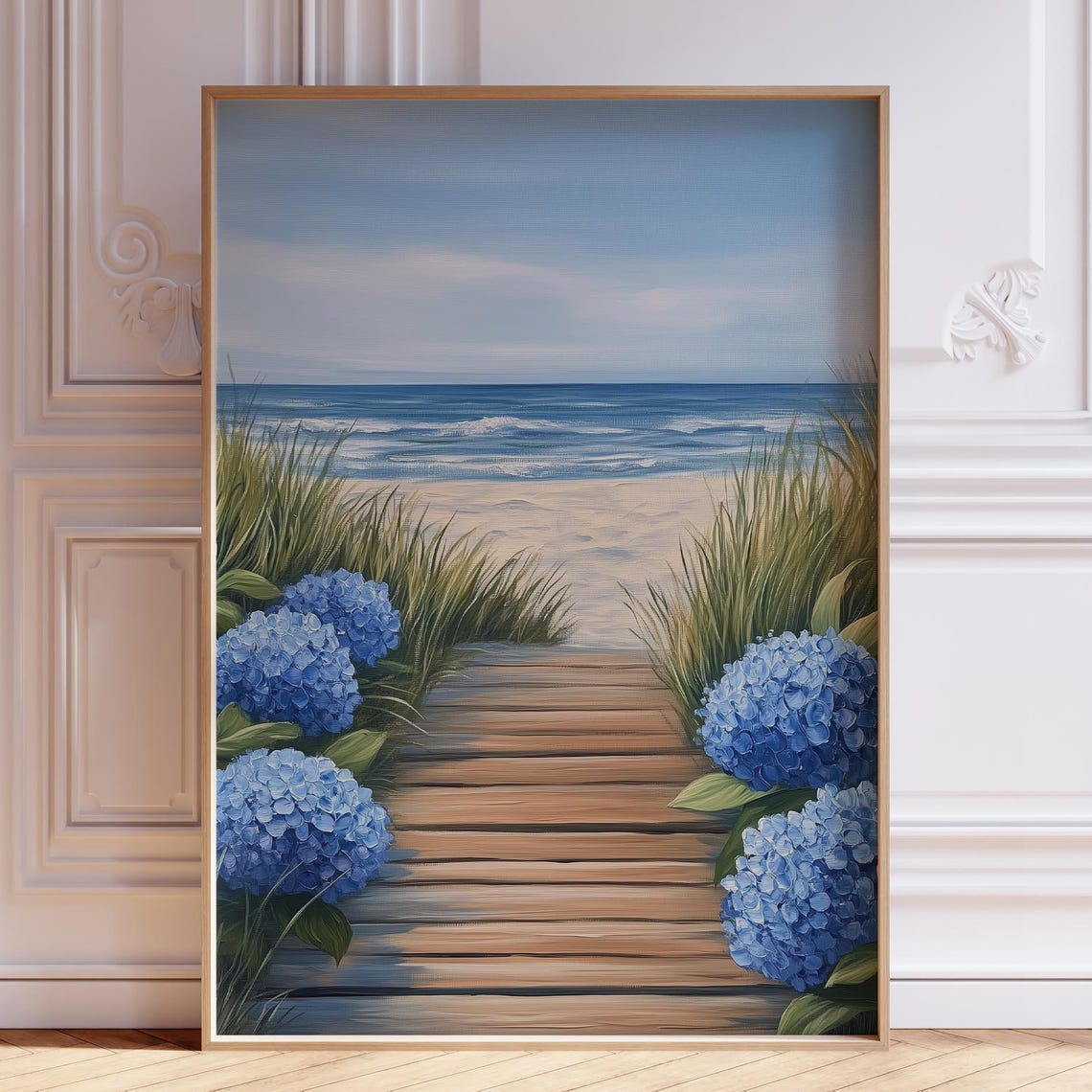 Hydrangea Lined Boardwalk Path To Ocean Blue Floral Beach Poster
