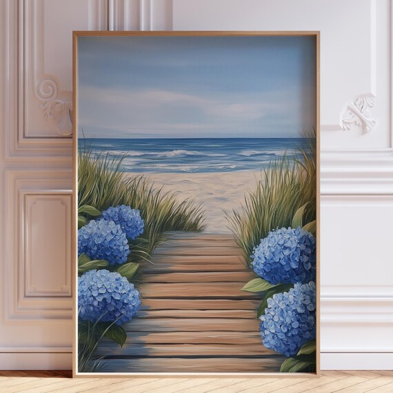 Hydrangea Lined Boardwalk Path To Ocean Blue Floral Beach Poster