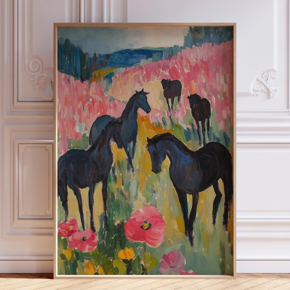 Dark Horses in Pink Poppy Field Poster Impressionist Meadow Art