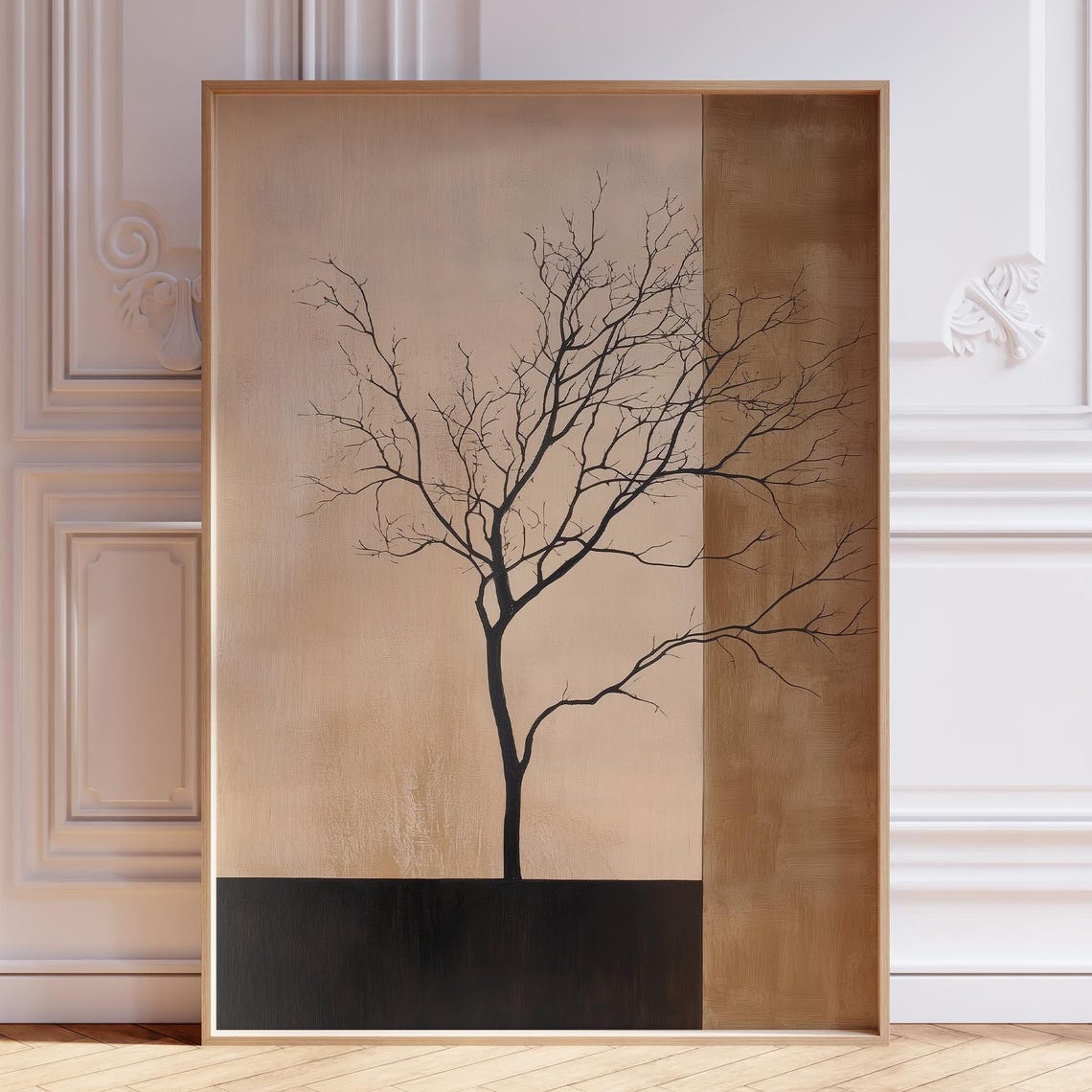 Upright Bare Tree Silhouette Tan Blocks Minimalist Japandi Poster