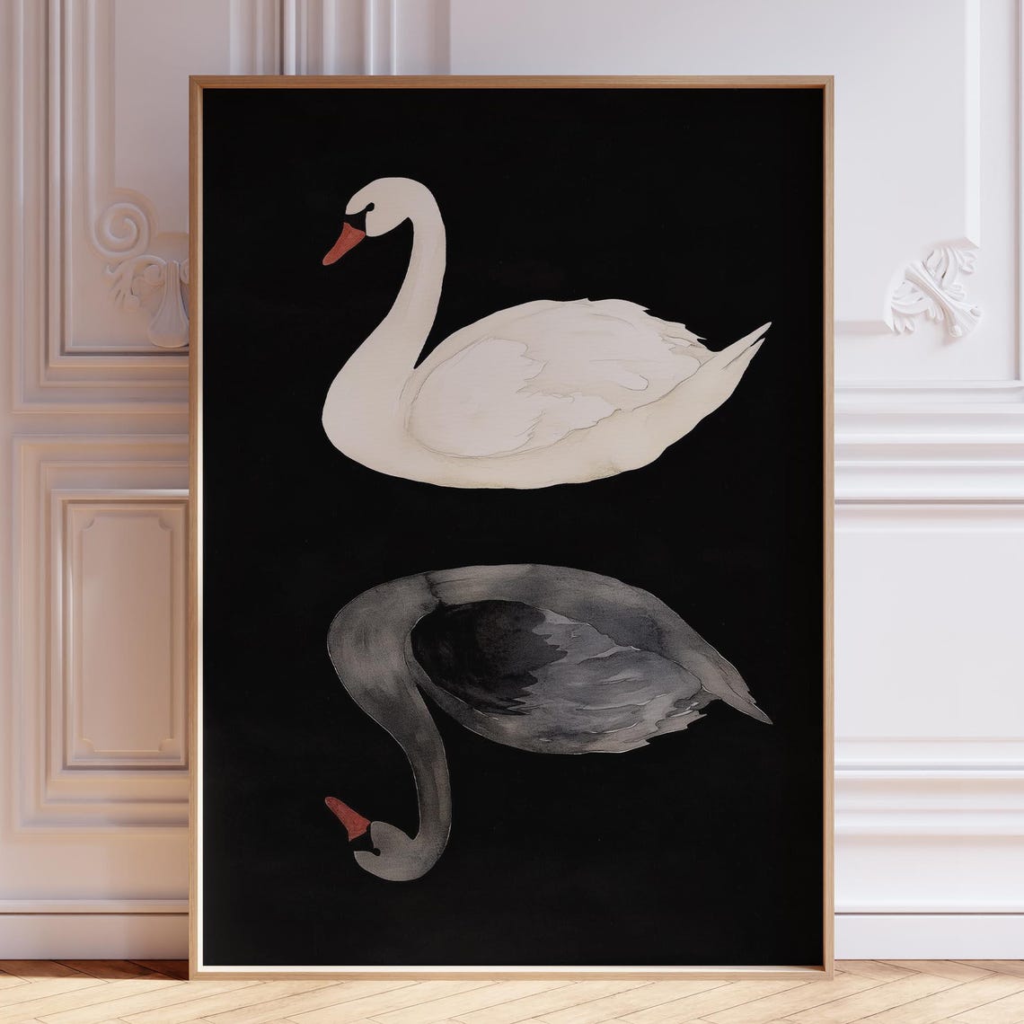 White Swan with Black Reflection on a Dark Background Gothic Swan Poster