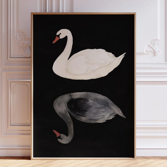 Black And White Swan Painting Gothic Vintage Oil Animal Print Antique Dark Academia