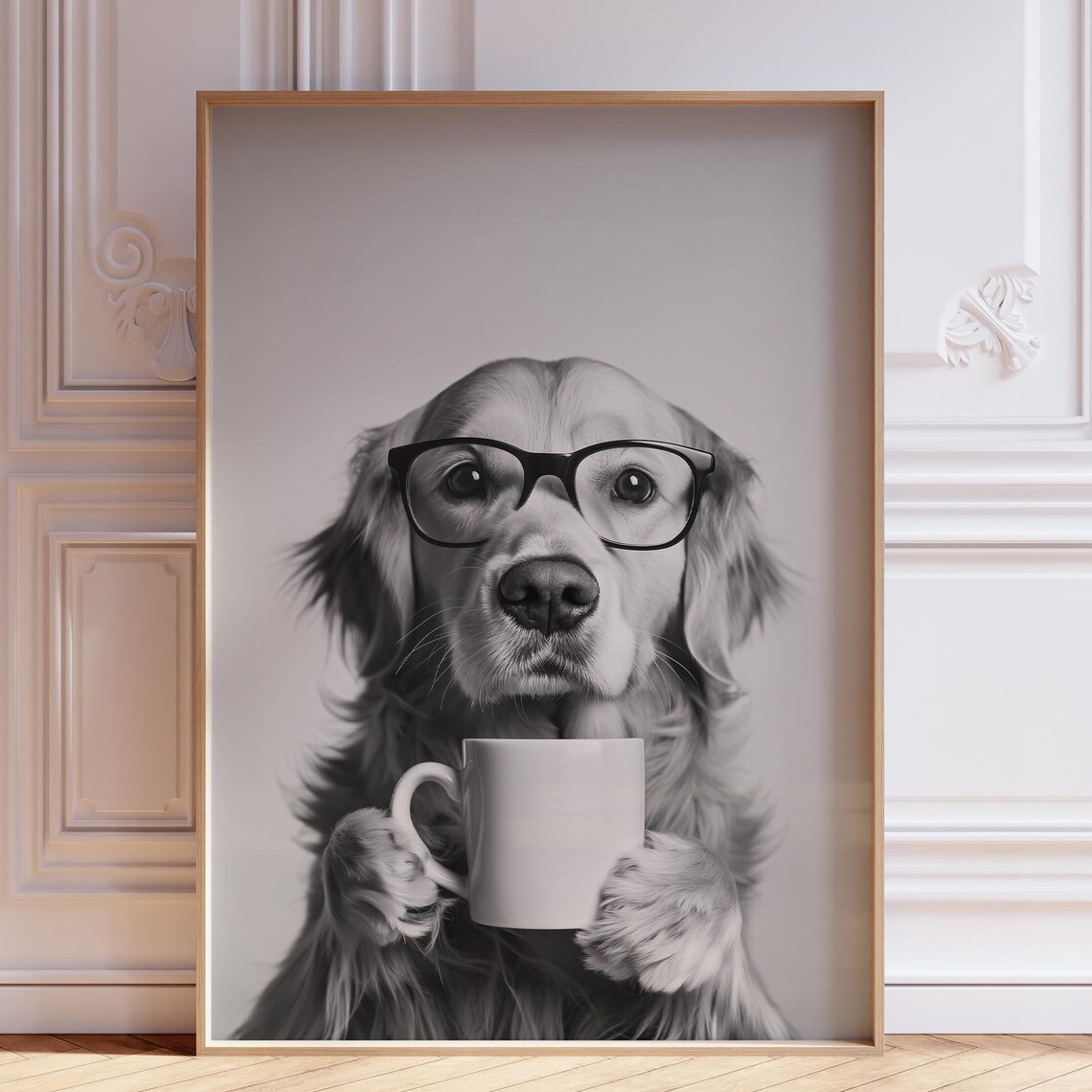 Dog With Coffee Print, Neutral Funny Office Art Print
