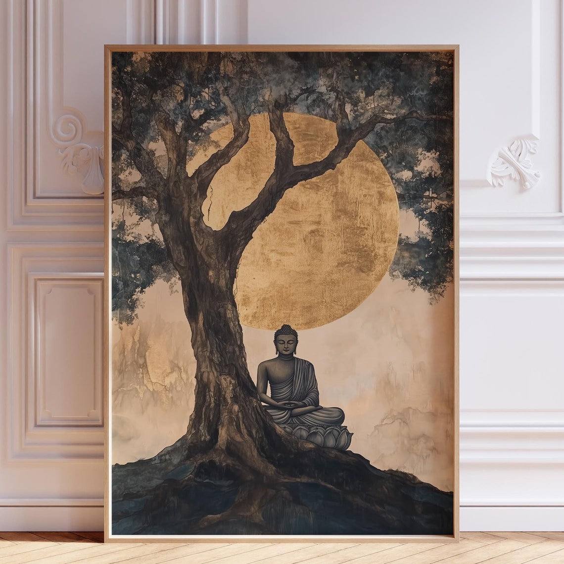 Buddha Meditating Under the Bodhi Tree Golden Sun Zen Poster