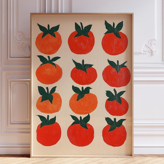Red Tomato Grid Painted Vegetables Retro Mediterranean Kitchen Poster
