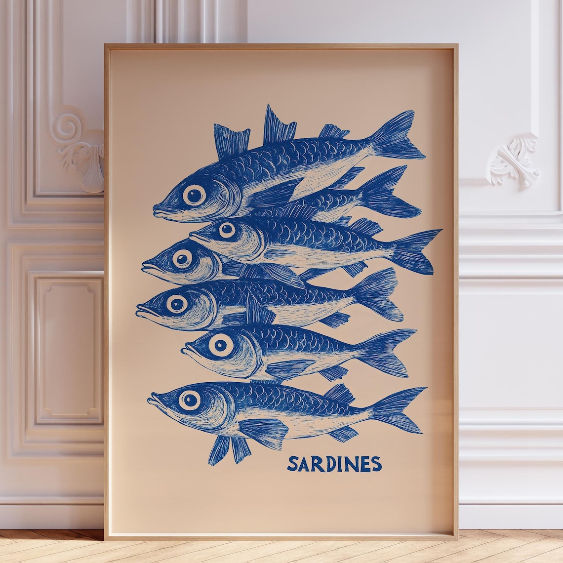 School of Blue Sardines Vintage Seafood Kitchen Decor Poster
