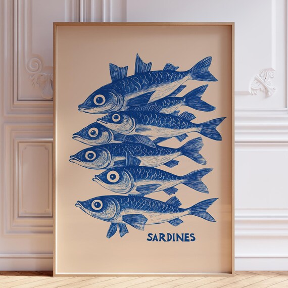 Blue Sardine Print Fish Kitchen Sardines Wall Art Seafood Coastal