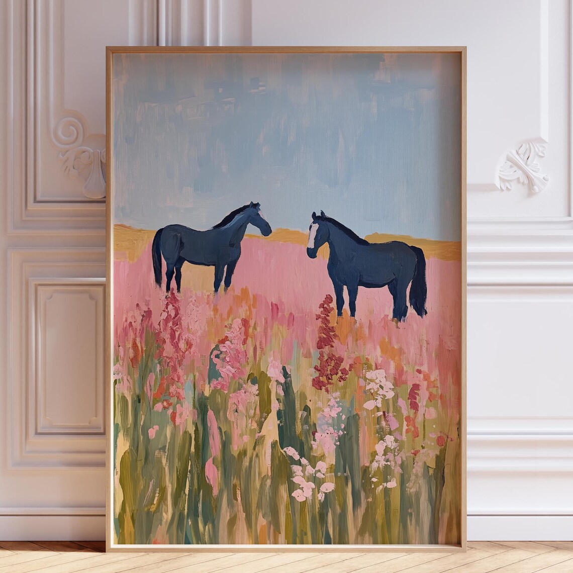 Two Dark Horses Pink Wildflower Field Horse Painting Art Poster