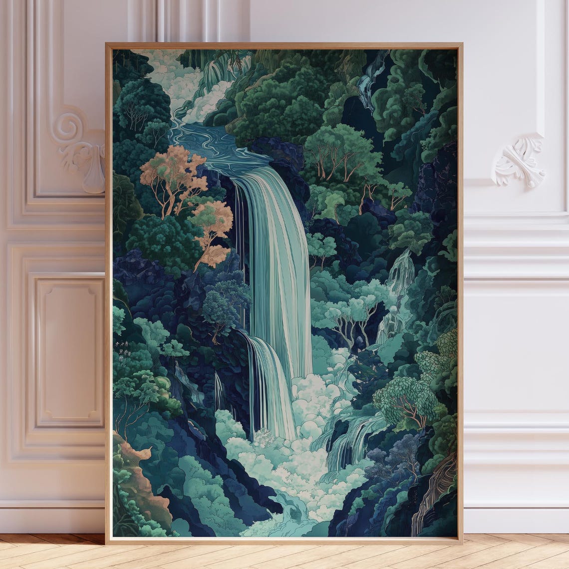 Japandi Emerald Forest Cascade Waterfall Zen Asian Landscape Wall Art