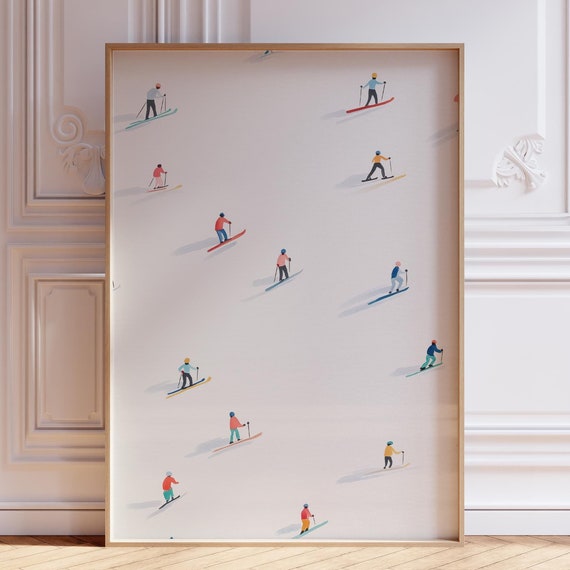 Mini Skier Print Mountain Ski Art Retro Poster Downhill Wall Snowboarders Illustration