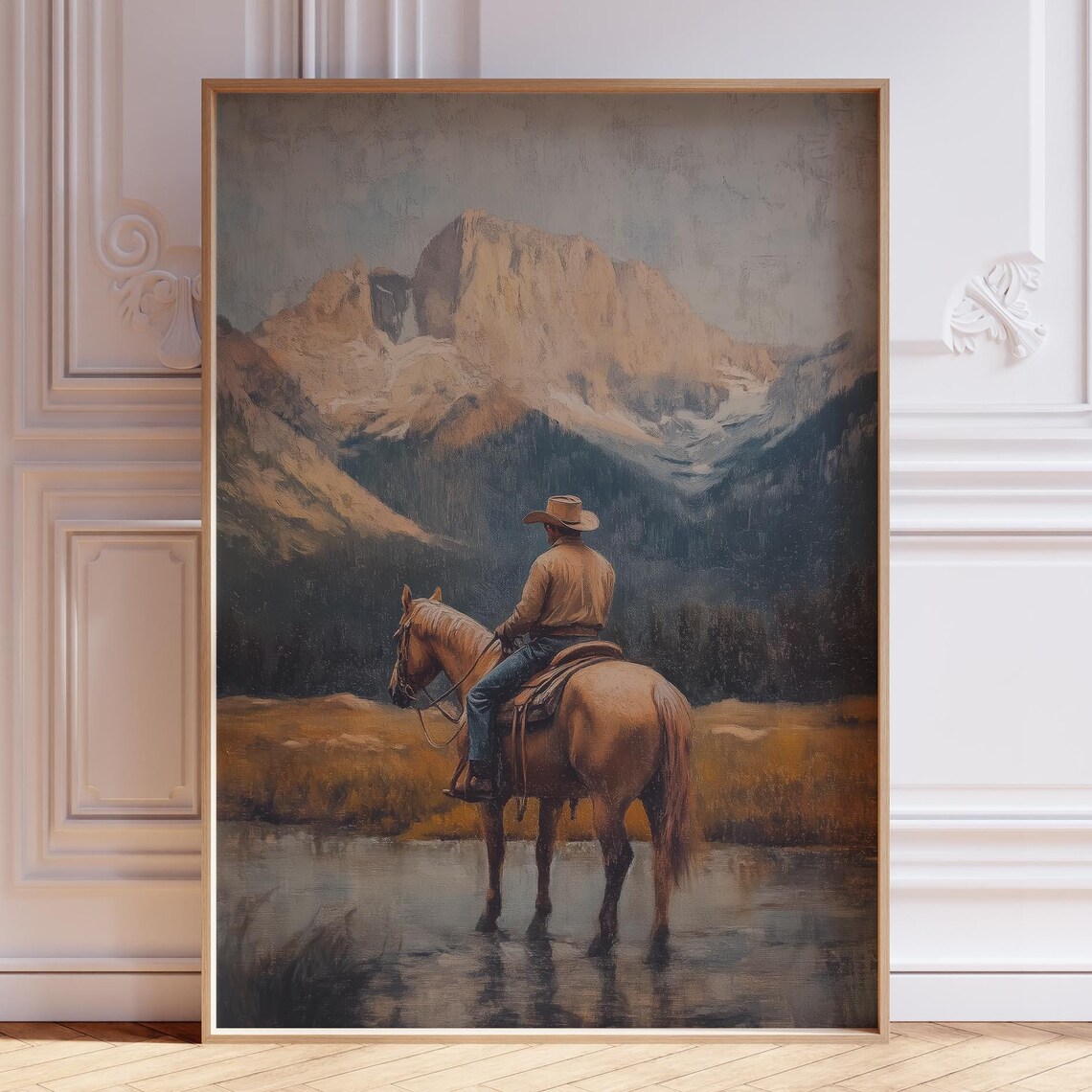 Cowboy On Horseback At Mountain Lake Vintage Western Art Poster