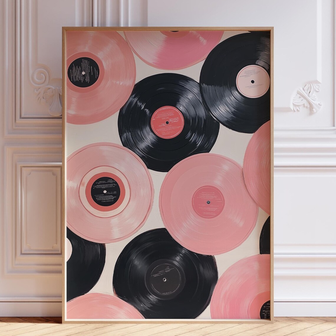 Blush Pink Vinyl Records Scattered Across Cream Retro Music Wall Art