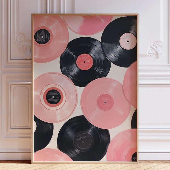 Blush Pink Vinyl Records Scattered Across Cream Retro Music Wall Art