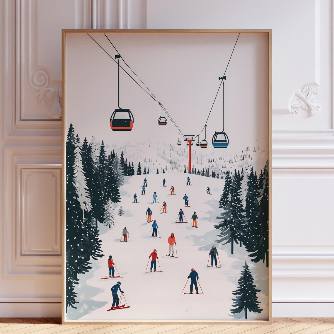 Snowy Ski Slope Under Gondola Cabins Retro Winter Sports Poster