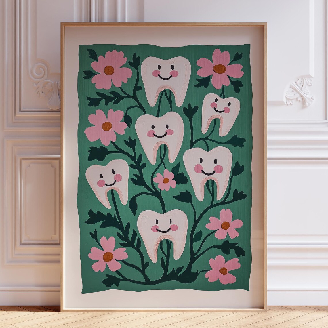 Smiling Cartoon Teeth Floral Green Kids Dentist Office Poster