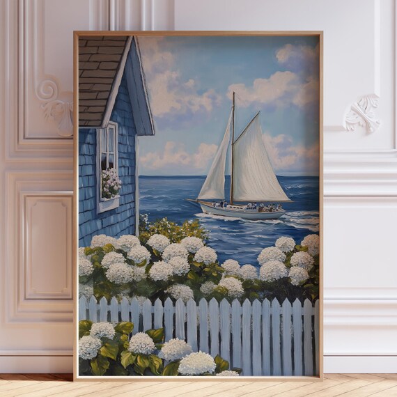 Sailboat By Blue Seaside Cottage White Hydrangeas Fence Poster
