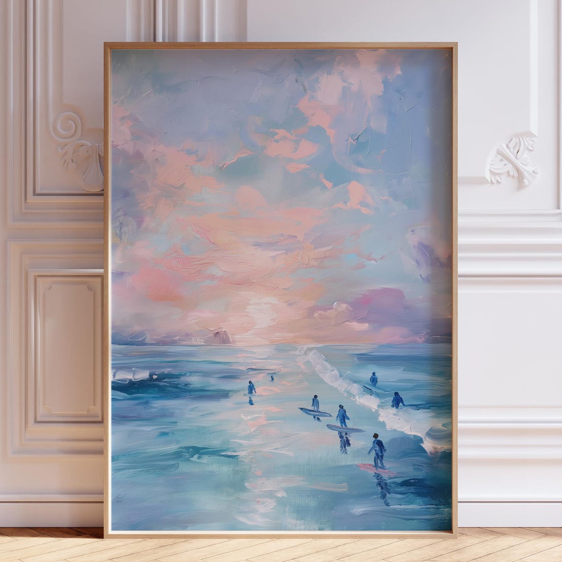 Blue Impressionist Surfers Ocean Under Cloudy Sky Painting Poster