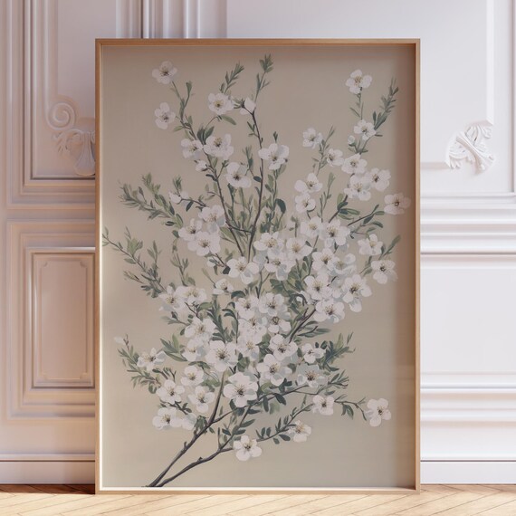 Full White Blossom Bouquet On Taupe Vintage Botanical Art Poster