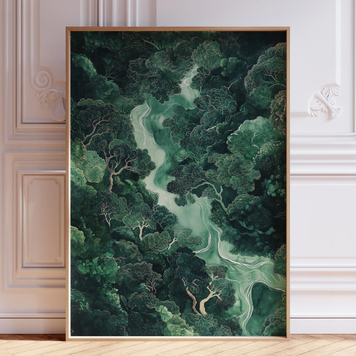 Overhead Aerial River Through Deep Green Forest Japandi Zen Wall Art
