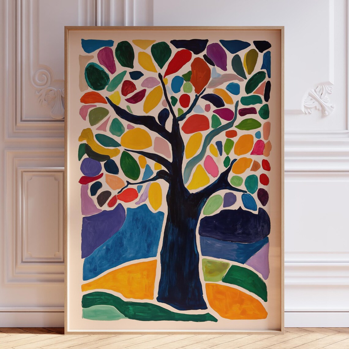 Colorful Mosaic Tree of Life Abstract Poster with Bold Rainbow Leaves