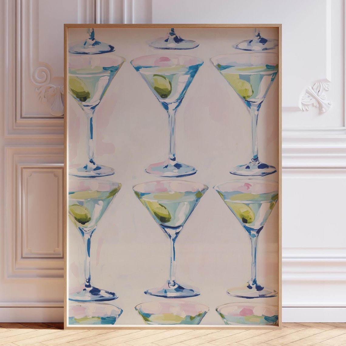 Nine Martini Glasses Watercolor Bar Cart Cocktail Art Poster
