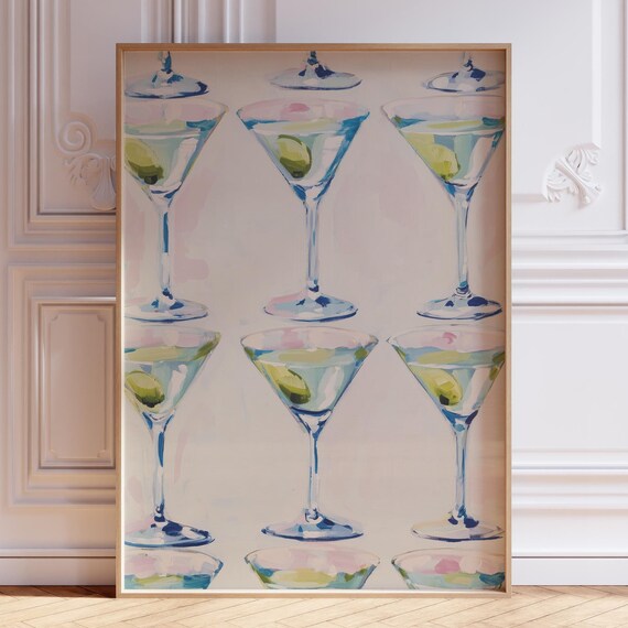 Nine Martini Glasses Watercolor Bar Cart Cocktail Art Poster