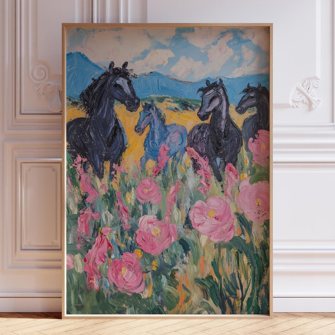 Four Dark Horses Among Giant Pink Blooms Impressionist Art Print