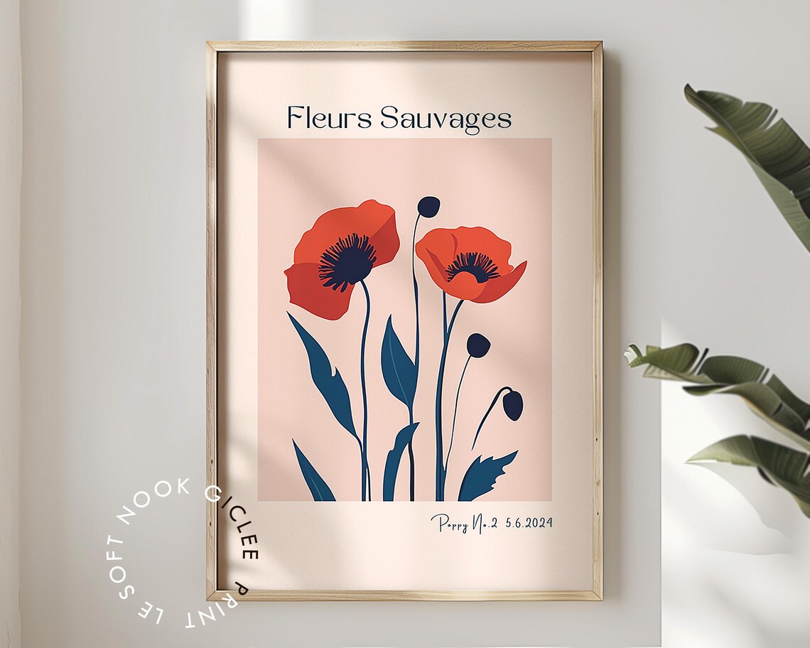 Twin Red Poppies Fleurs Sauvages Peach Botanical Flower Poster