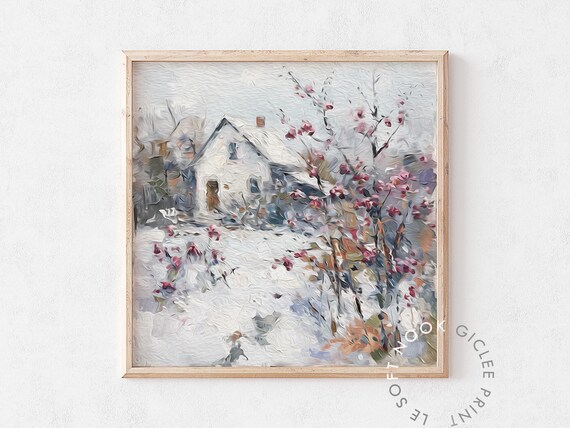 Snowy Winter Farmhouse Pink Blossoms Impasto Landscape Poster
