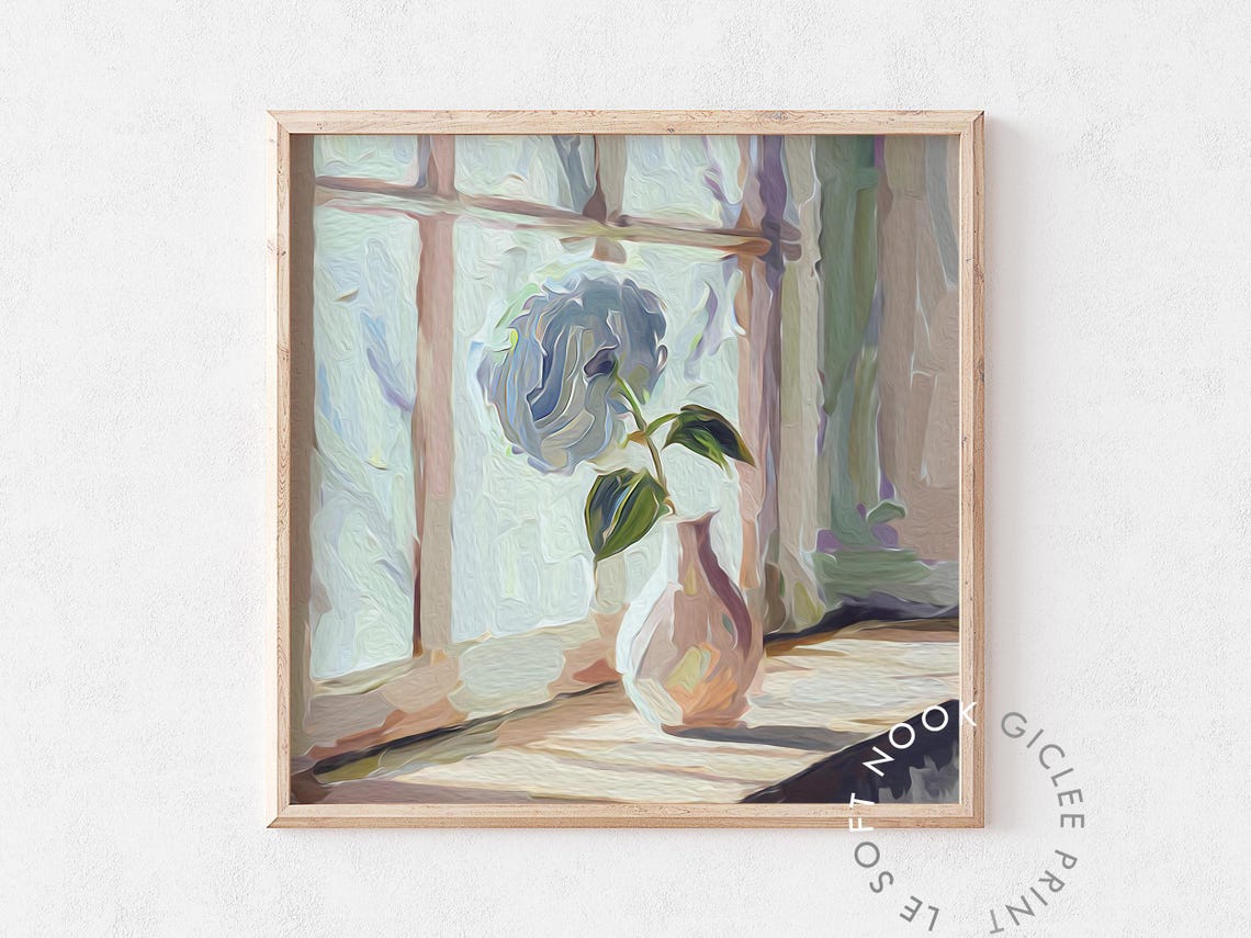 Blue Hydrangea Vase Morning Window Light Minimalist Floral Poster