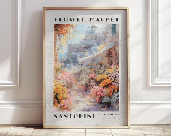 Santorini Flower Market Poster Greece City Travel Print Monet Spring Landscape Pastel Wall Art Neutral Farmhouse Decor Aesthetic Print