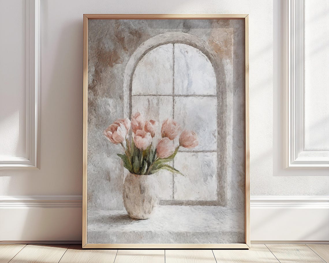 Pink Tulips In White Vase Arched Window Watercolor Art Poster