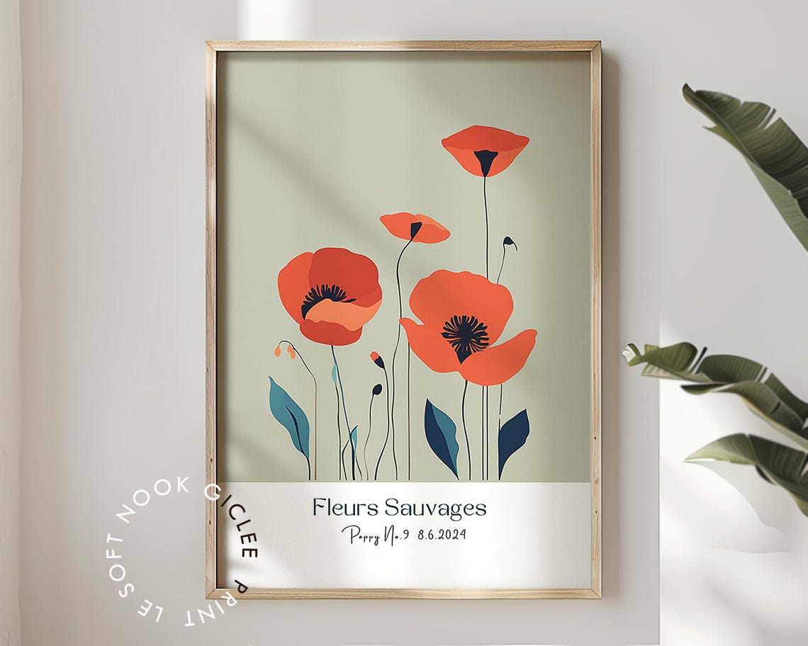 Red Poppies Fleurs Sauvages Minimalist Botanical Flower Poster