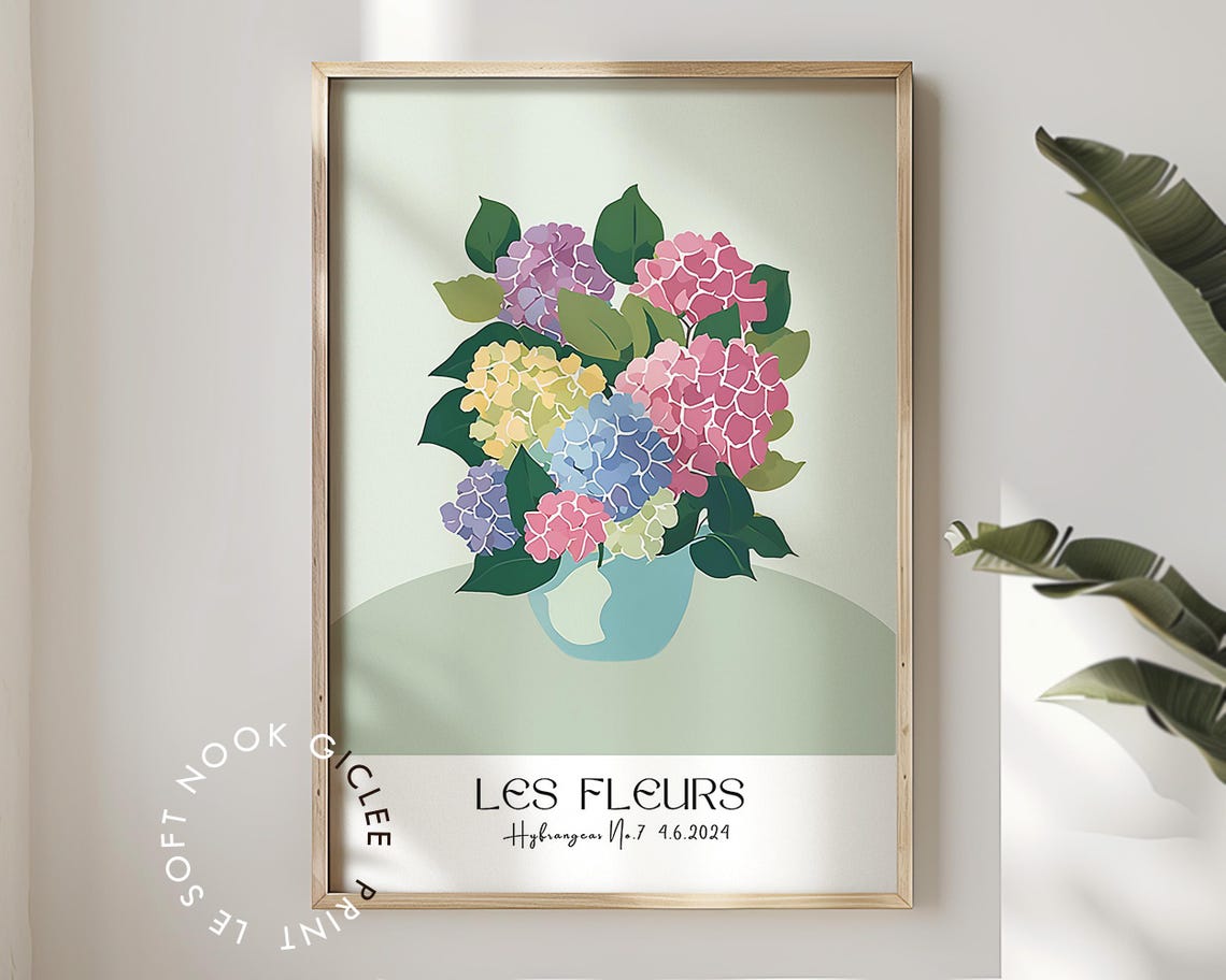 Les Fleurs Hydrangea Bouquet Vase Sage Green Floral Art Poster