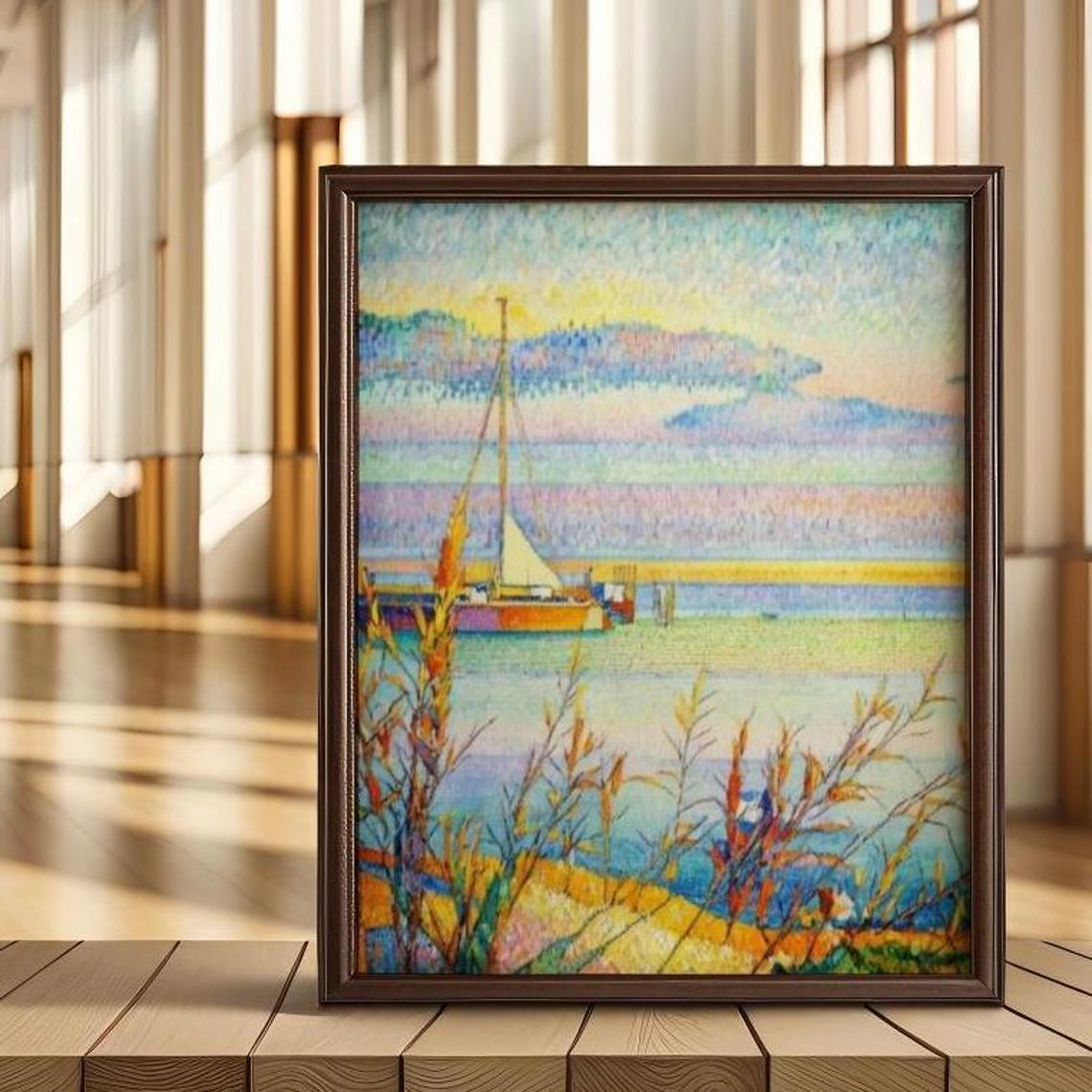 Sailboat Calm Sea Sunset Pointillist Reeds Coastal Serene Art Poster