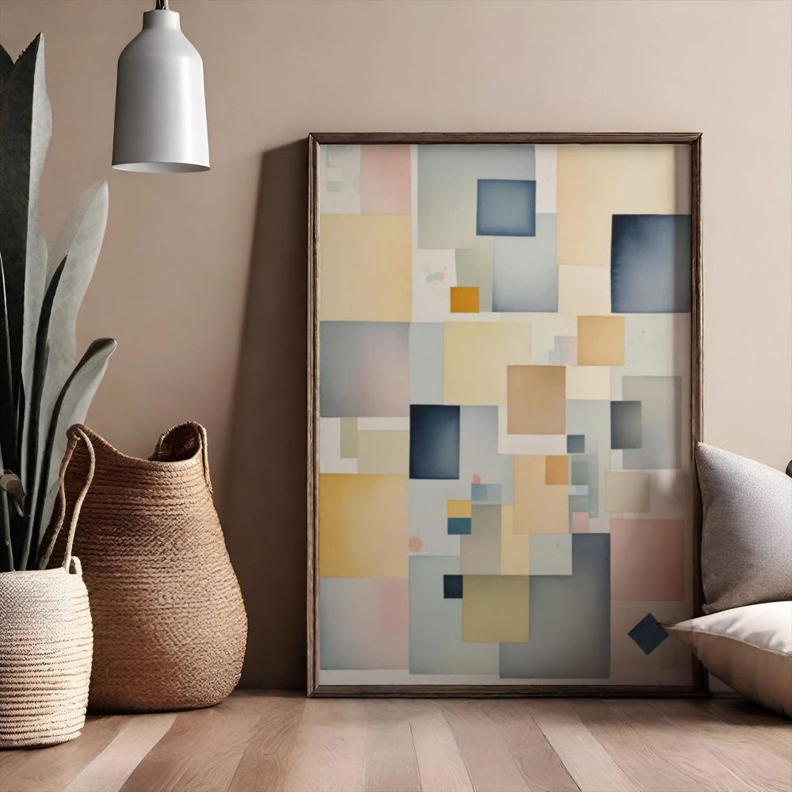 Muted Blue Yellow Watercolor Squares Soft Grid Abstract Poster