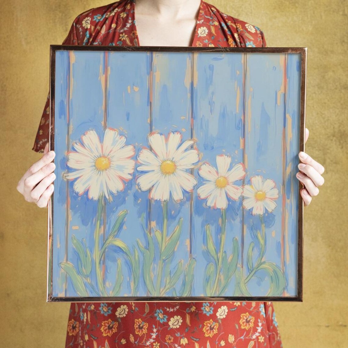 Four White Daisies on Blue Fence Planks Cheerful Floral Art Poster