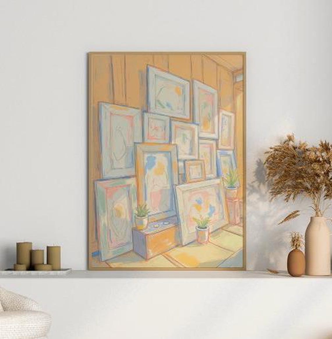 Clustered Empty Pastel Frames on Warm Wooden Background Art Poster