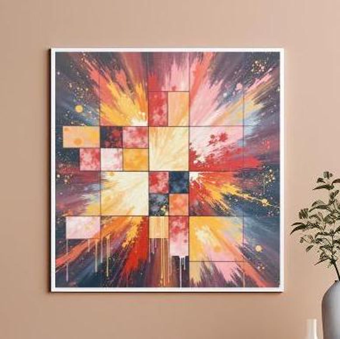 Bold Mosaic Sunburst Of Red Orange Squares Modern Art Poster