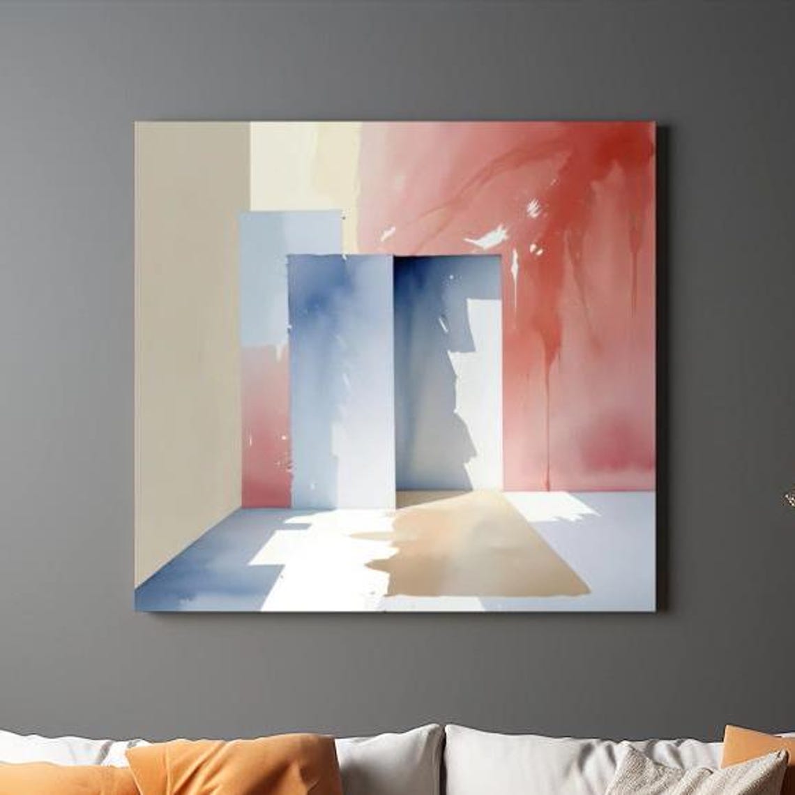 Blue Doorway Abstract Red Watercolor Wash Modern Minimalist Art Poster - Image 2